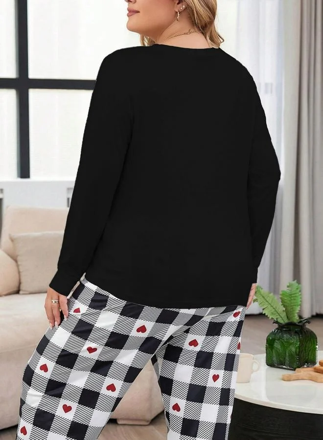 Take Two Plus Size Slogan Printed Top and Checked Pyjama Set